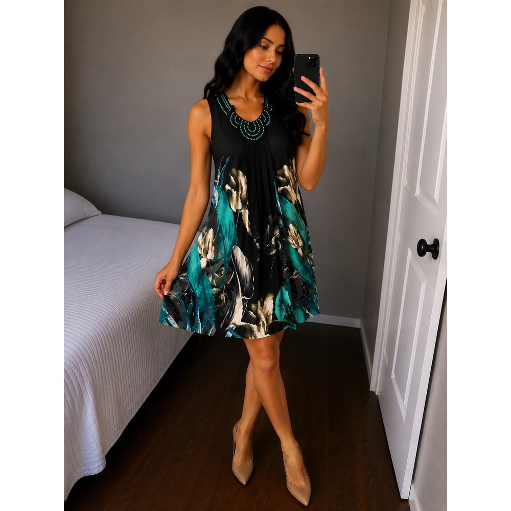 Sandra Darren 8P Floral Pleated Flowing Dressb W/ Beading on neck line